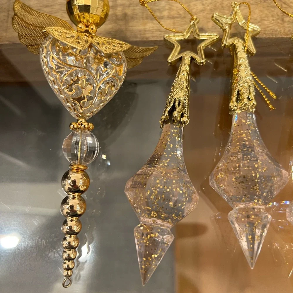 7 Gold and Clear Star and Angel Ornaments Set